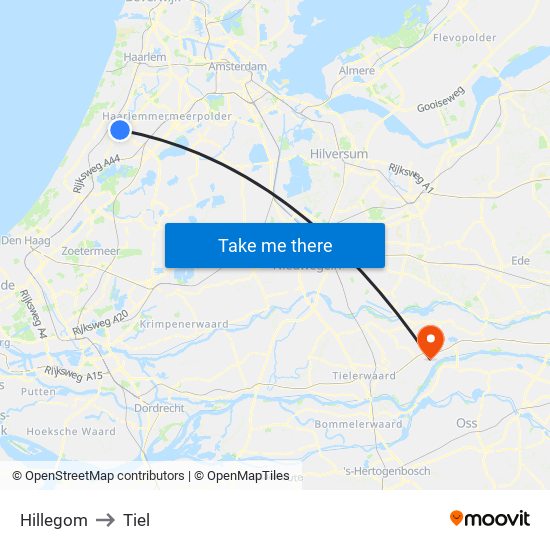 Hillegom to Tiel map