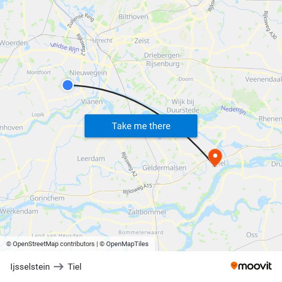 Ijsselstein to Tiel map