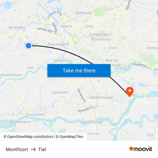 Montfoort to Tiel map