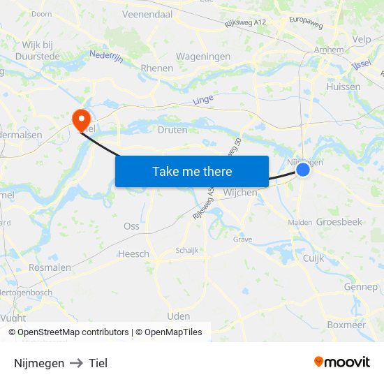 Nijmegen to Tiel map