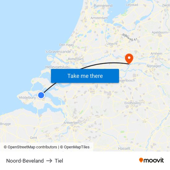 Noord-Beveland to Tiel map