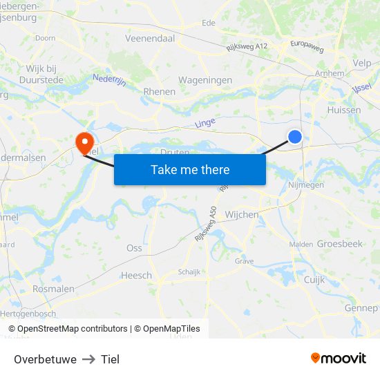 Overbetuwe to Tiel map