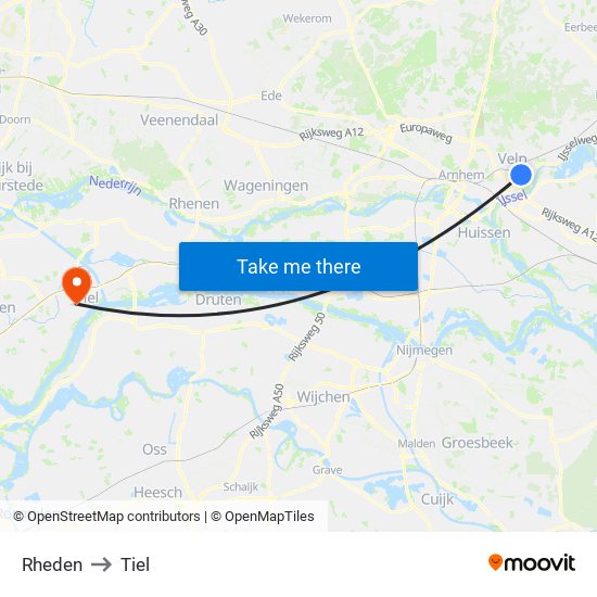 Rheden to Tiel map