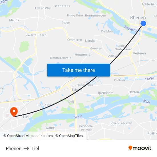 Rhenen to Tiel map