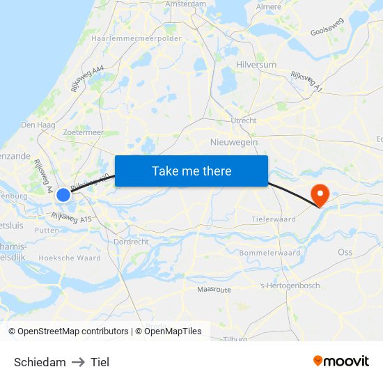 Schiedam to Tiel map