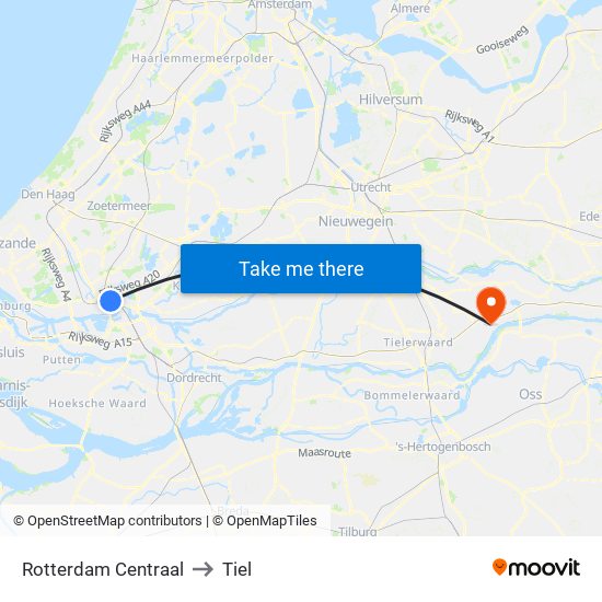 Rotterdam Centraal to Tiel map