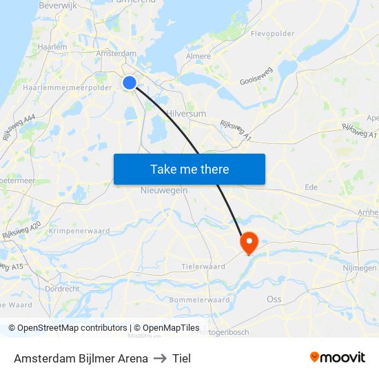 Amsterdam Bijlmer Arena to Tiel map