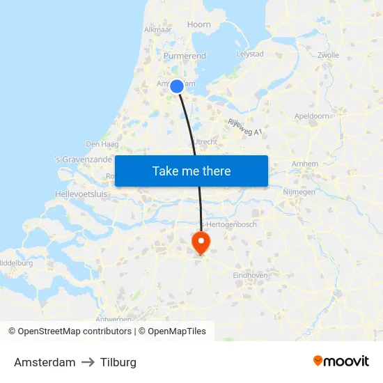 Amsterdam to Tilburg map
