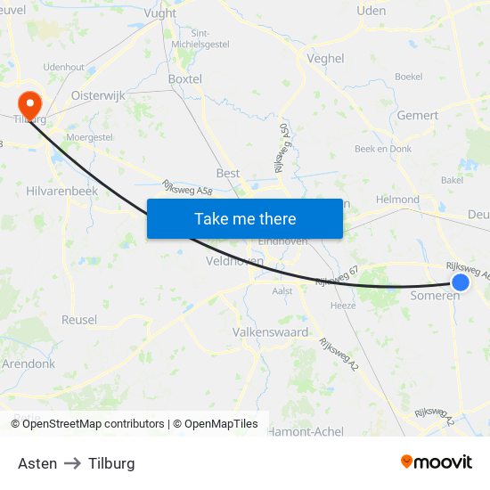 Asten to Tilburg map