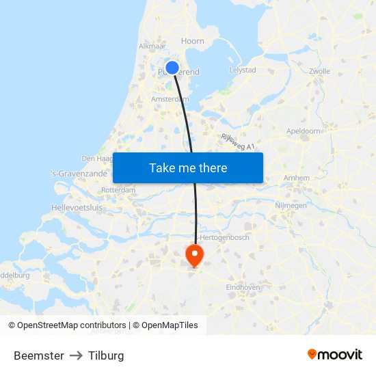 Beemster to Tilburg map