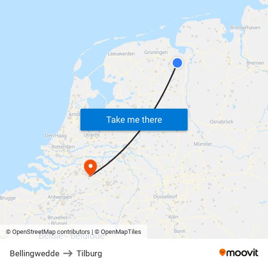 Bellingwedde to Tilburg map