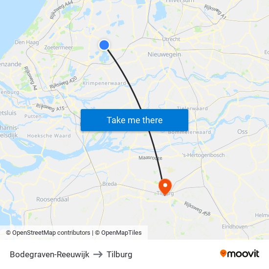 Bodegraven-Reeuwijk to Tilburg map