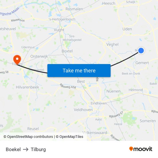 Boekel to Tilburg map