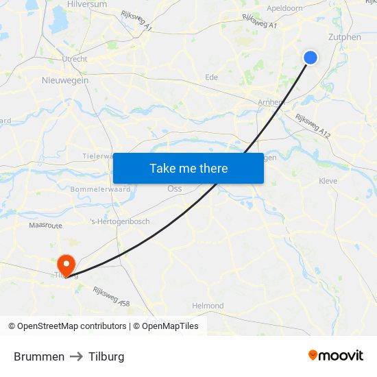 Brummen to Tilburg map