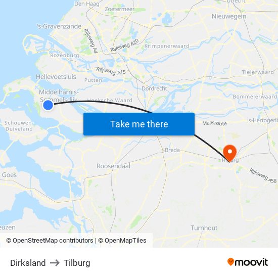 Dirksland to Tilburg map
