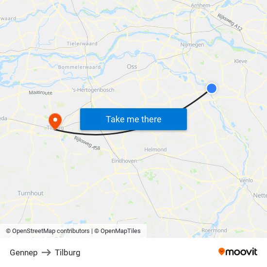 Gennep to Tilburg map