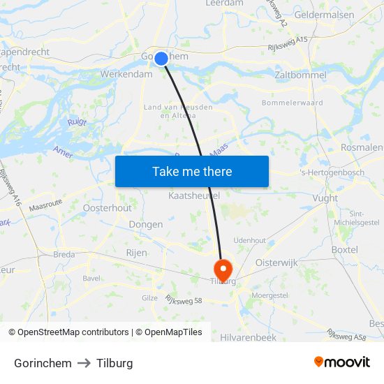 Gorinchem to Tilburg map