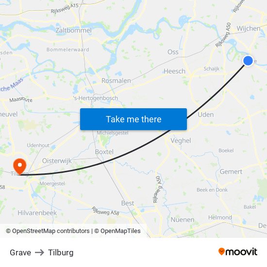 Grave to Tilburg map