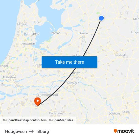 Hoogeveen to Tilburg map