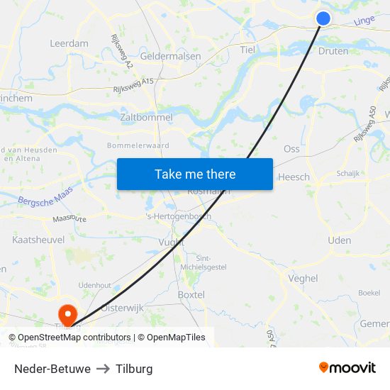 Neder-Betuwe to Tilburg map