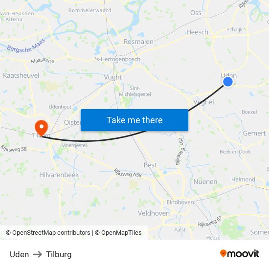 Uden to Tilburg map