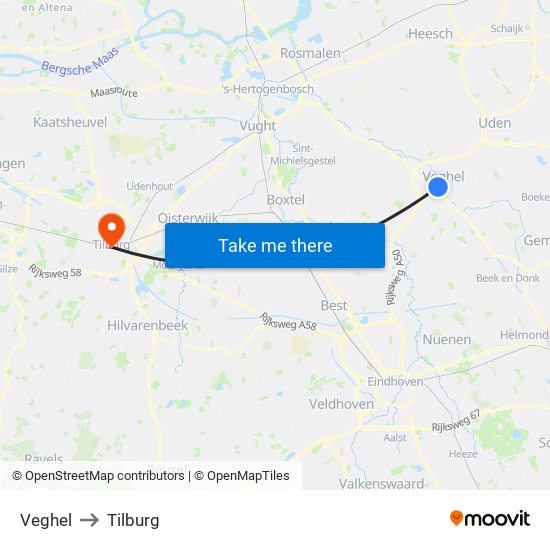 Veghel to Tilburg map
