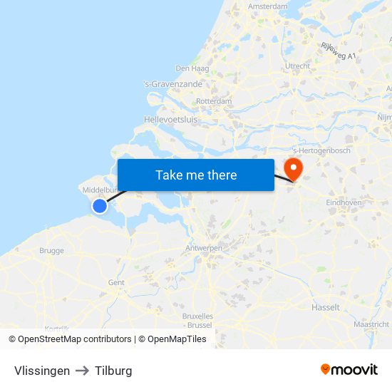 Vlissingen to Tilburg map