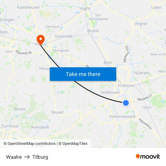 Waalre to Tilburg map