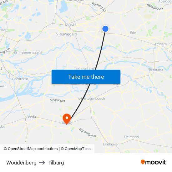 Woudenberg to Tilburg map