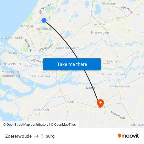 Zoeterwoude to Tilburg map