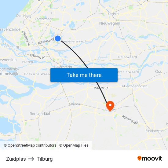 Zuidplas to Tilburg map