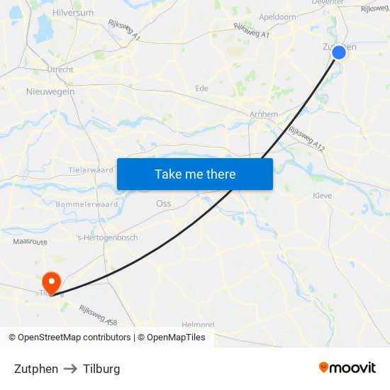 Zutphen to Tilburg map