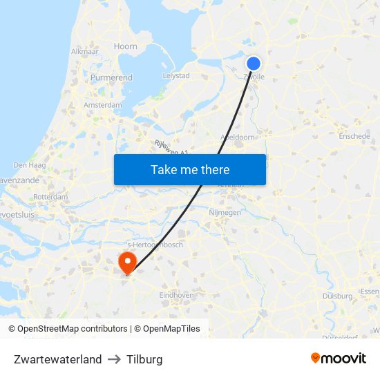 Zwartewaterland to Tilburg map