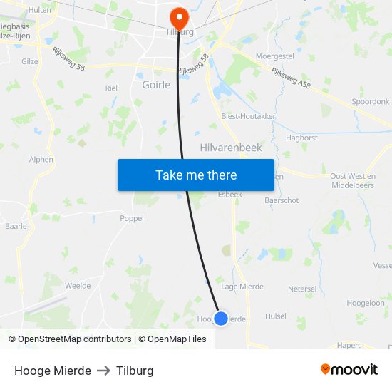 Hooge Mierde to Tilburg map