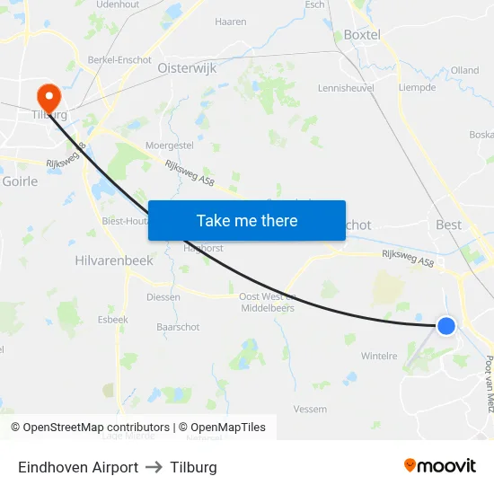 Eindhoven Airport to Tilburg map