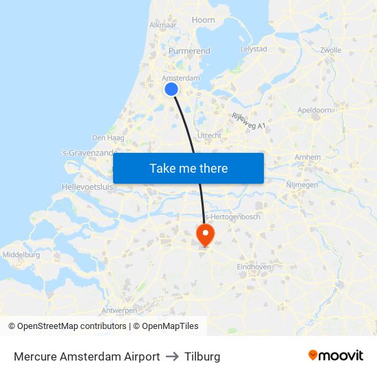 Mercure Amsterdam Airport to Tilburg map