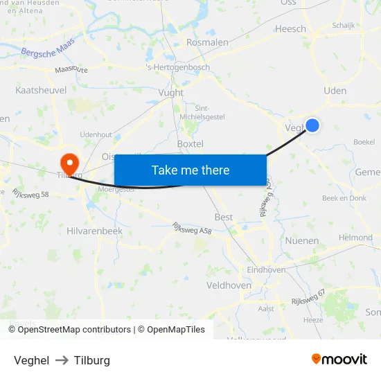 Veghel to Tilburg map