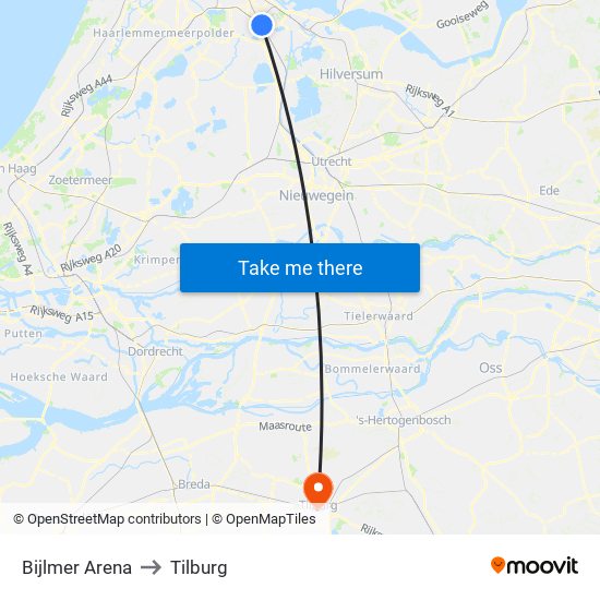 Bijlmer Arena to Tilburg map