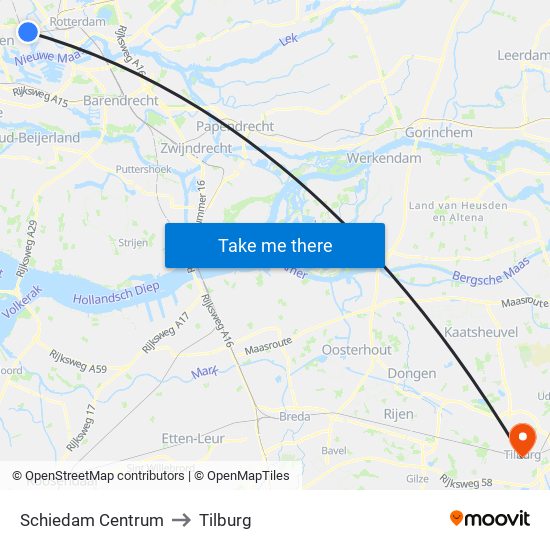 Schiedam Centrum to Tilburg map