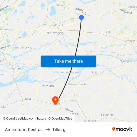 Amersfoort Centraal to Tilburg map