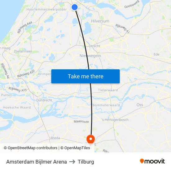 Amsterdam Bijlmer Arena to Tilburg map