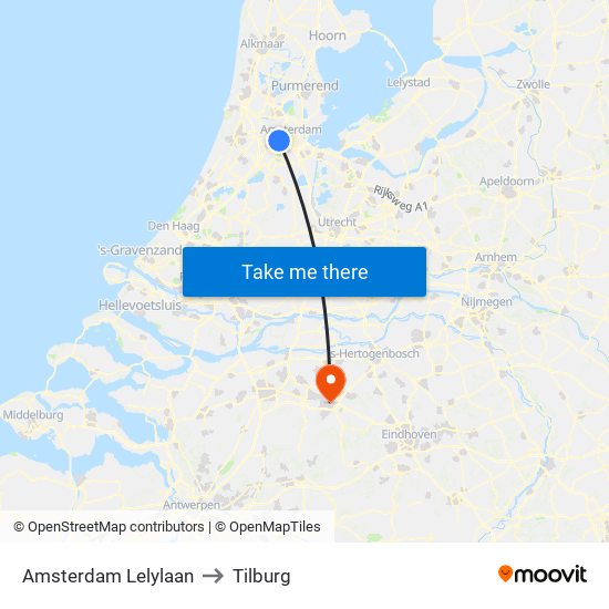 Amsterdam Lelylaan to Tilburg map