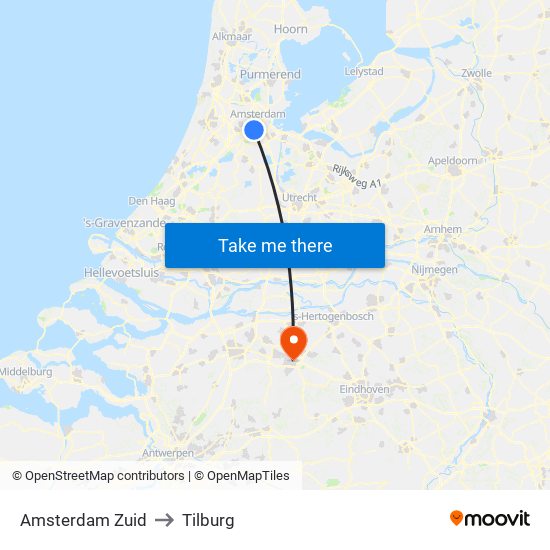 Amsterdam Zuid to Tilburg map