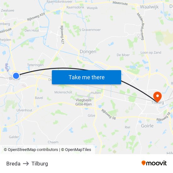 Breda to Tilburg map