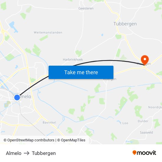 Almelo to Tubbergen map