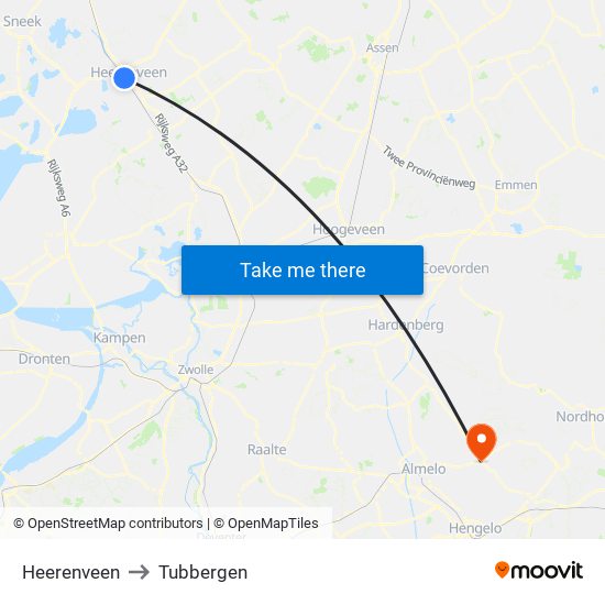 Heerenveen to Tubbergen map