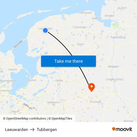 Leeuwarden to Tubbergen map