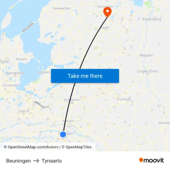 Beuningen to Tynaarlo map