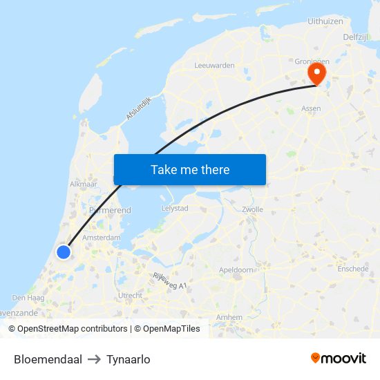 Bloemendaal to Tynaarlo map