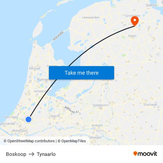 Boskoop to Tynaarlo map